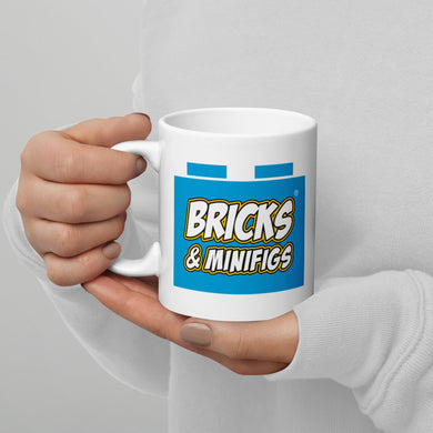 White glossy Bricks and Minifigs Mug Logo on both sides